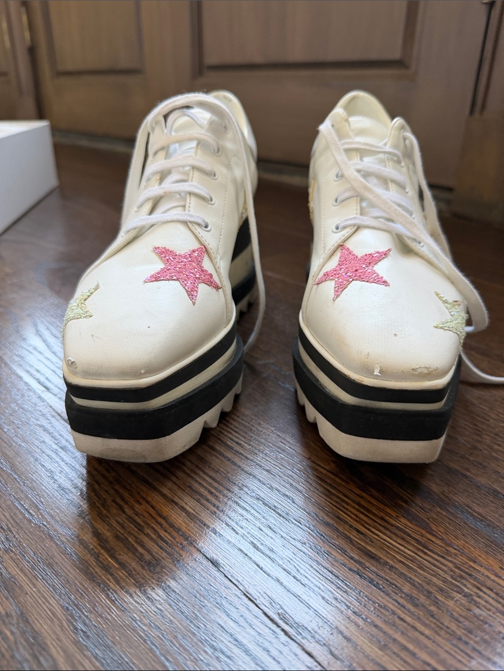 STELLA MCCARTNEY White Platform Sneakers Glitter Yellow Pink Green Stars Sz 38.5 - Picture 4 of 16